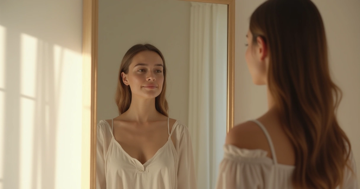 Person quietly standing in front of a mirror, gazing calmly at their reflection