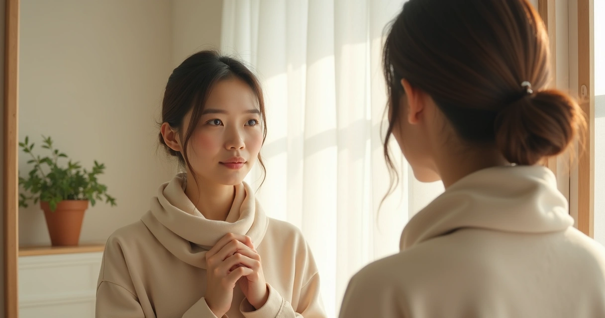 Person looking into a mirror reflecting on self 