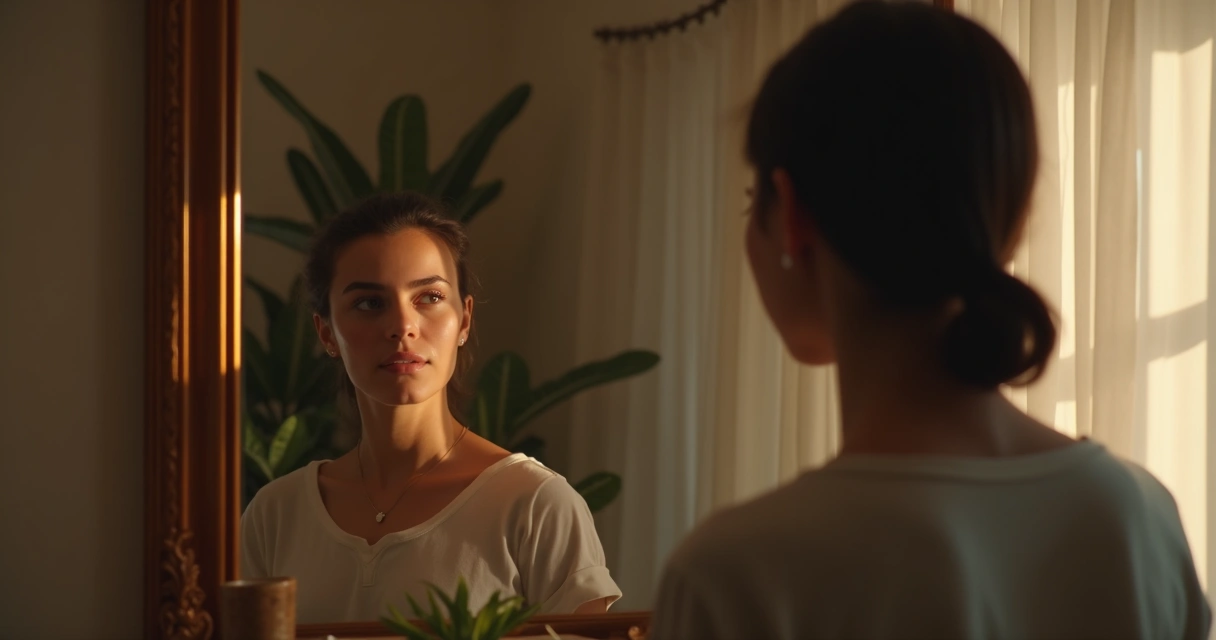 Person studying reflection in a mirror