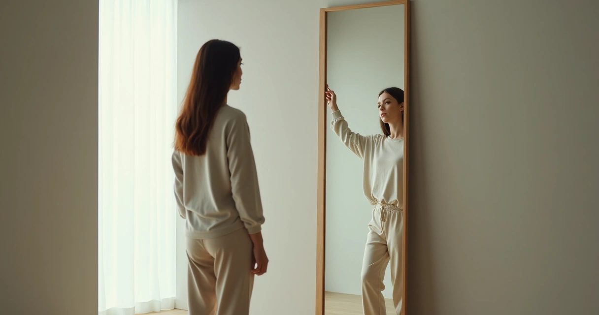 Person looking at their reflection thoughtfully in a mirror 