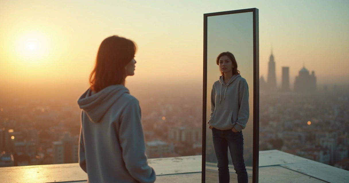 Person looking in a mirror with city in the background 