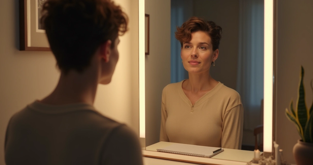 Person looking into a mirror reflecting in thought 