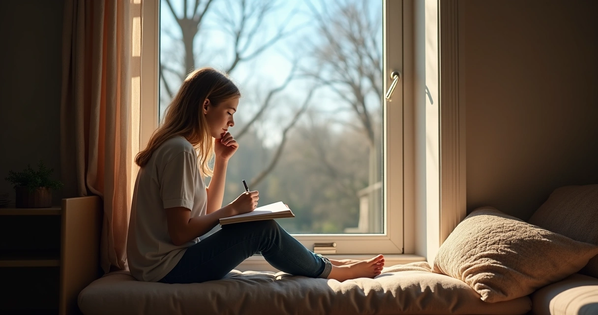 Person sitting alone in thought on a window seat