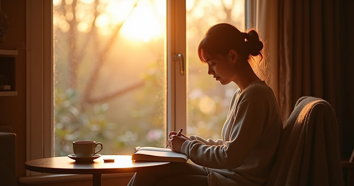 Person sitting alone by a window in morning sunlight, writing in a journal, with a thoughtful expression