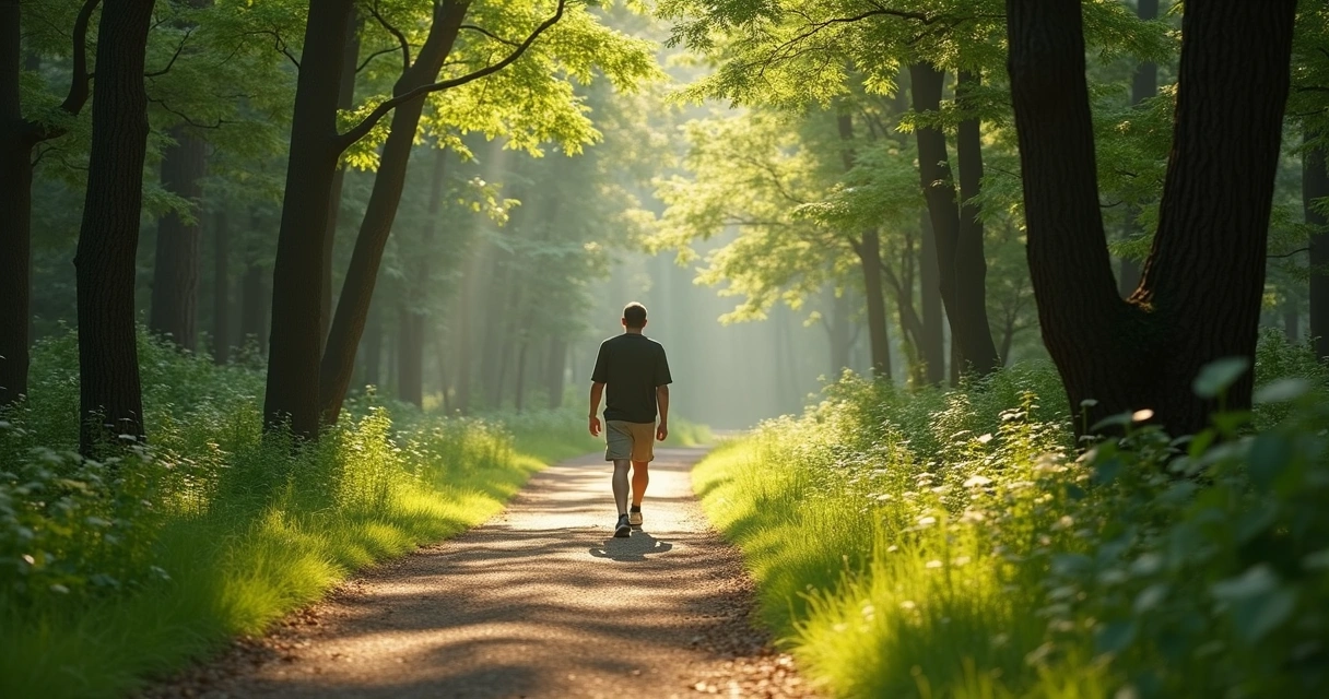Person walking alone down a forest path with sunlight streaming through trees 