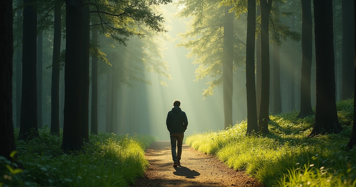 Person walking on forest path in thoughtful posture 