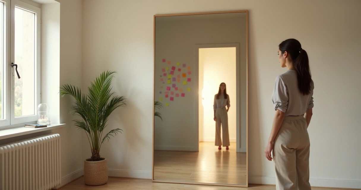 Person reflected in a mirror with a split path symbolizing helpful and harmful self-reflection 