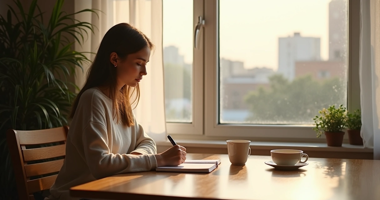 Woman journaling quietly by a window with plants 