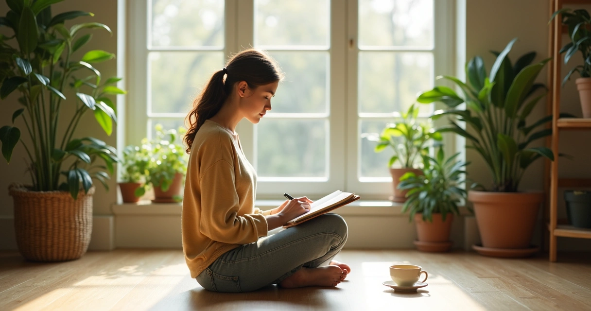 Person quietly reflecting, surrounded by gentle natural colors 