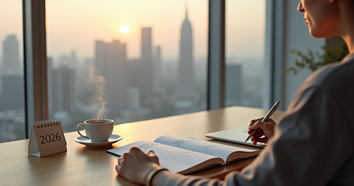 Person journaling by a window with city skyline and 2026 calendar 