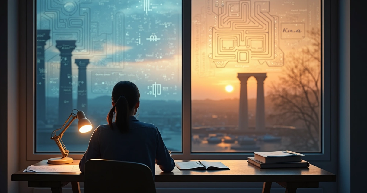 Person reflecting in front of a split scene of science and philosophy symbols 