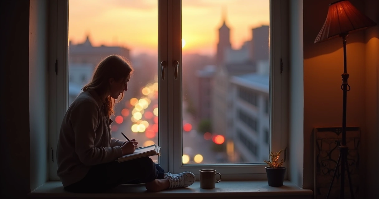 Person looking through a large window while journaling 