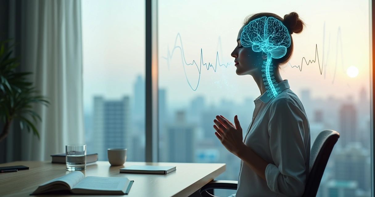 Person practicing self-regulation with calm brain illustration overlay 