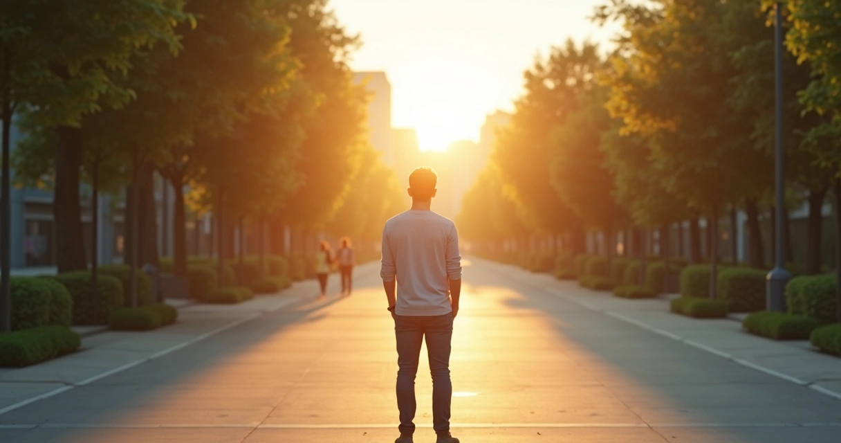 Person pausing to reflect before choosing between two daily paths 