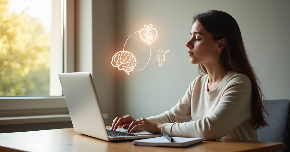 Person practicing self-regulation with calm posture and balanced mind body icons 