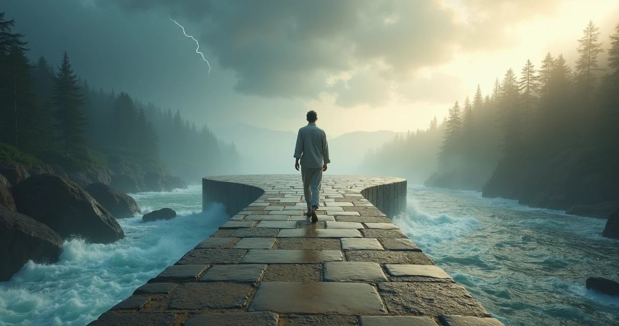 Person walking on a thin bridge between calm and stormy landscapes 