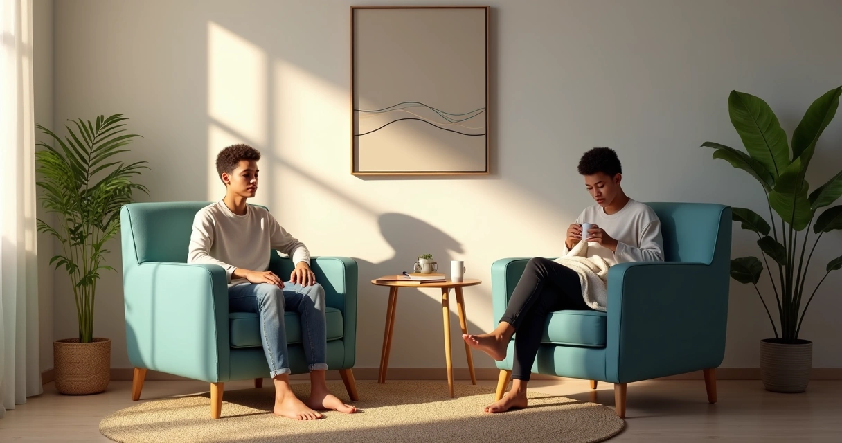 Person in two chairs showing contrast between self-regulation and self-soothing 