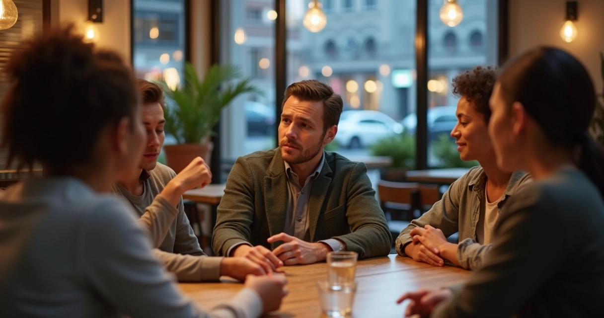 Person calmly self-regulating in a tense social conversation at a café 