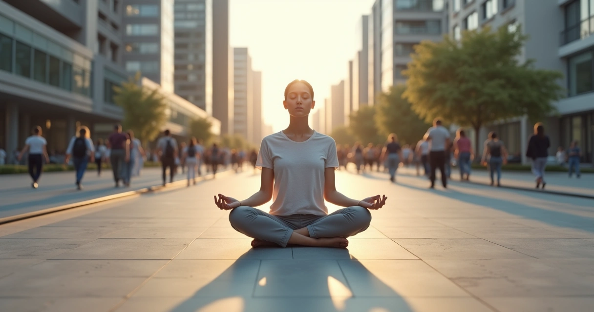 Person meditating calmly amid a cityscape split between chaos and harmony 
