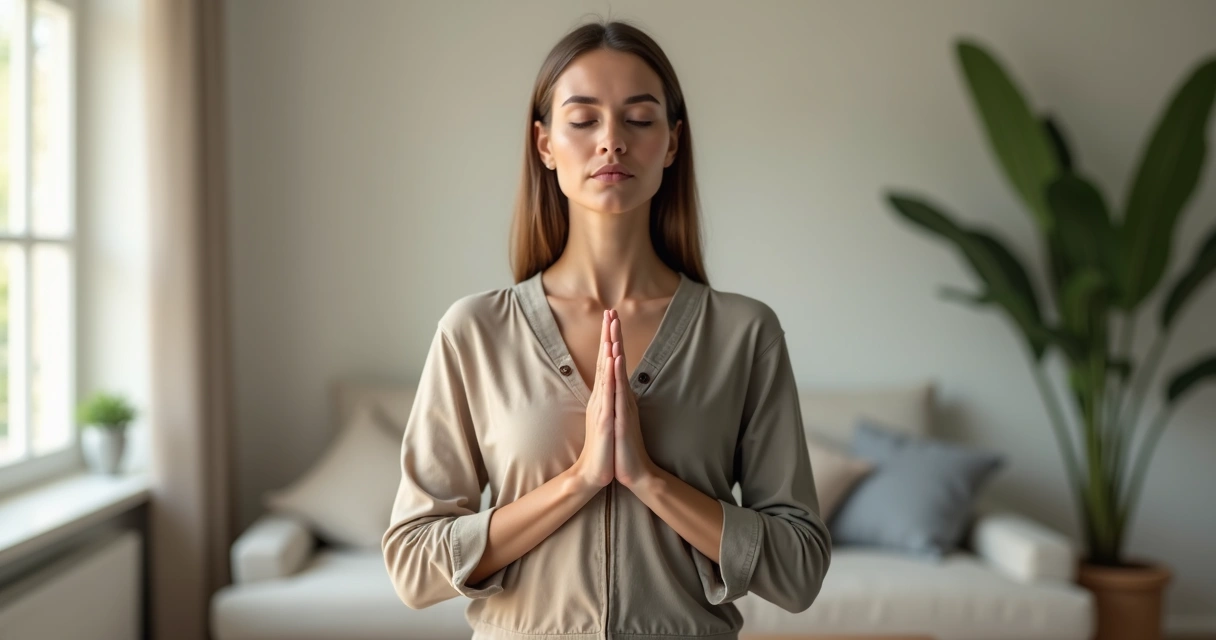 Woman split between calm self-regulation and tense emotional repression 