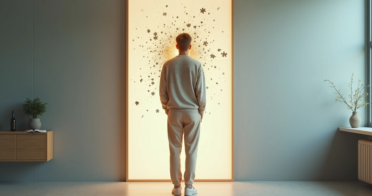 Person facing mirror with tangled shadow breaking into clear light 