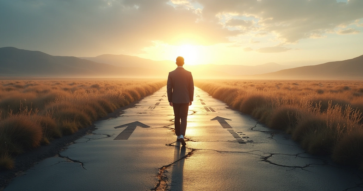 Person on a path stepping out of shadow into light representing overcoming self-sabotage 