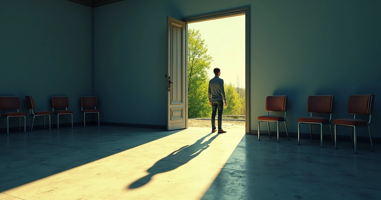 Person standing at the edge of a lit doorway with shadows behind 
