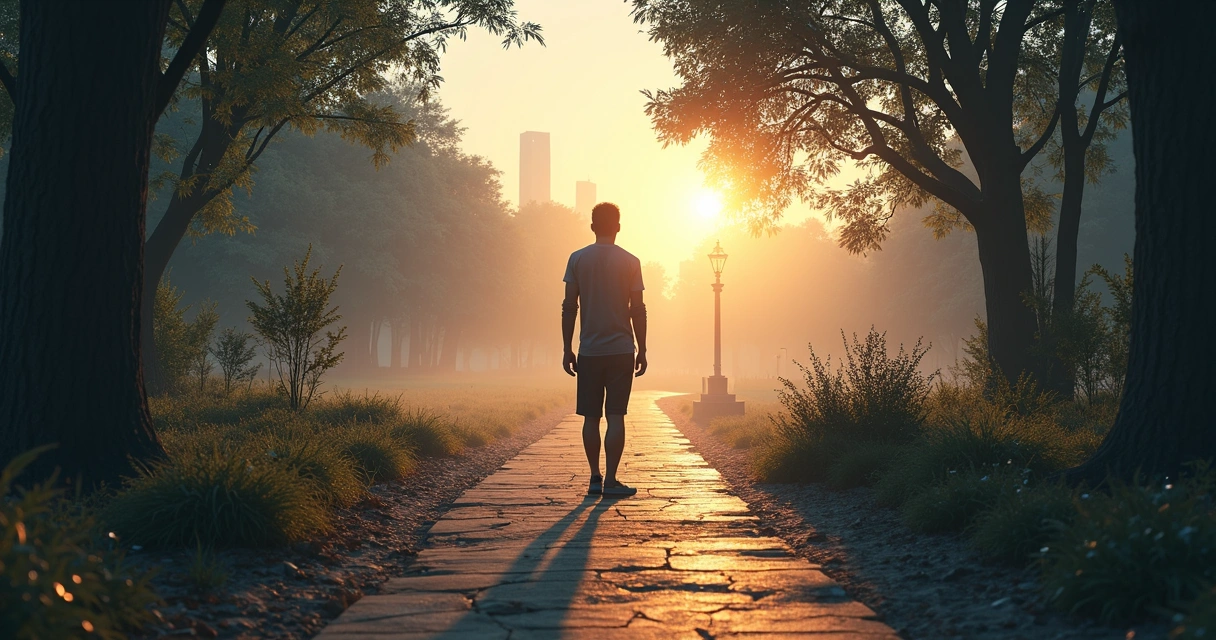 Person standing at a crossroads between a dark tangled path and a bright open path 