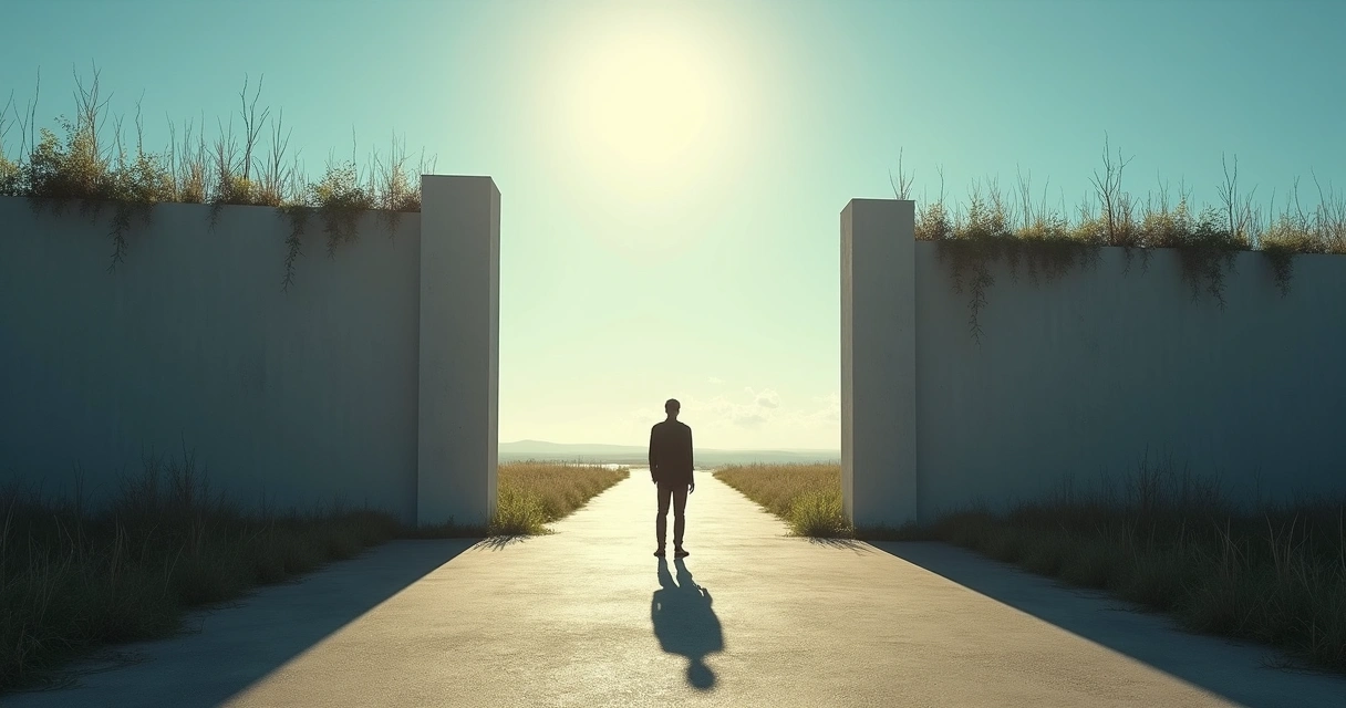 Person standing at crossroads, shadow forming a barrier ahead