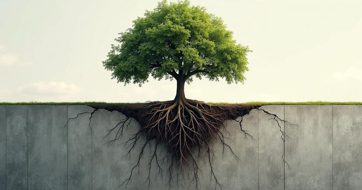 Tree roots growing under cracked concrete surface