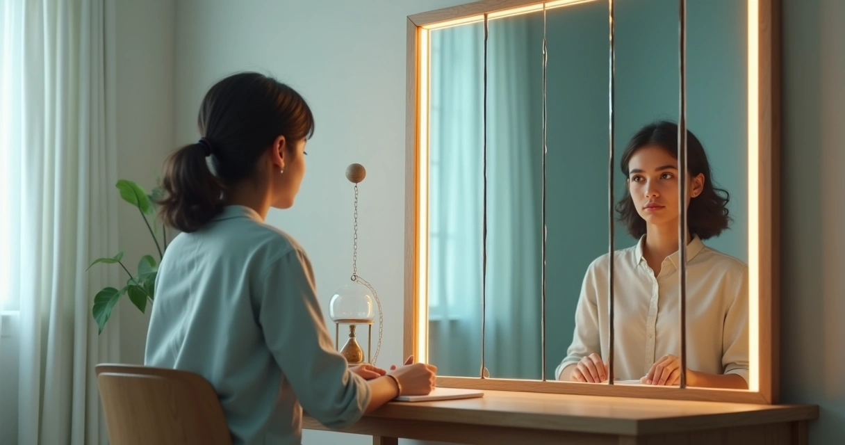 Person facing fragmented reflections in a mirror symbolizing self-sabotaging thoughts 