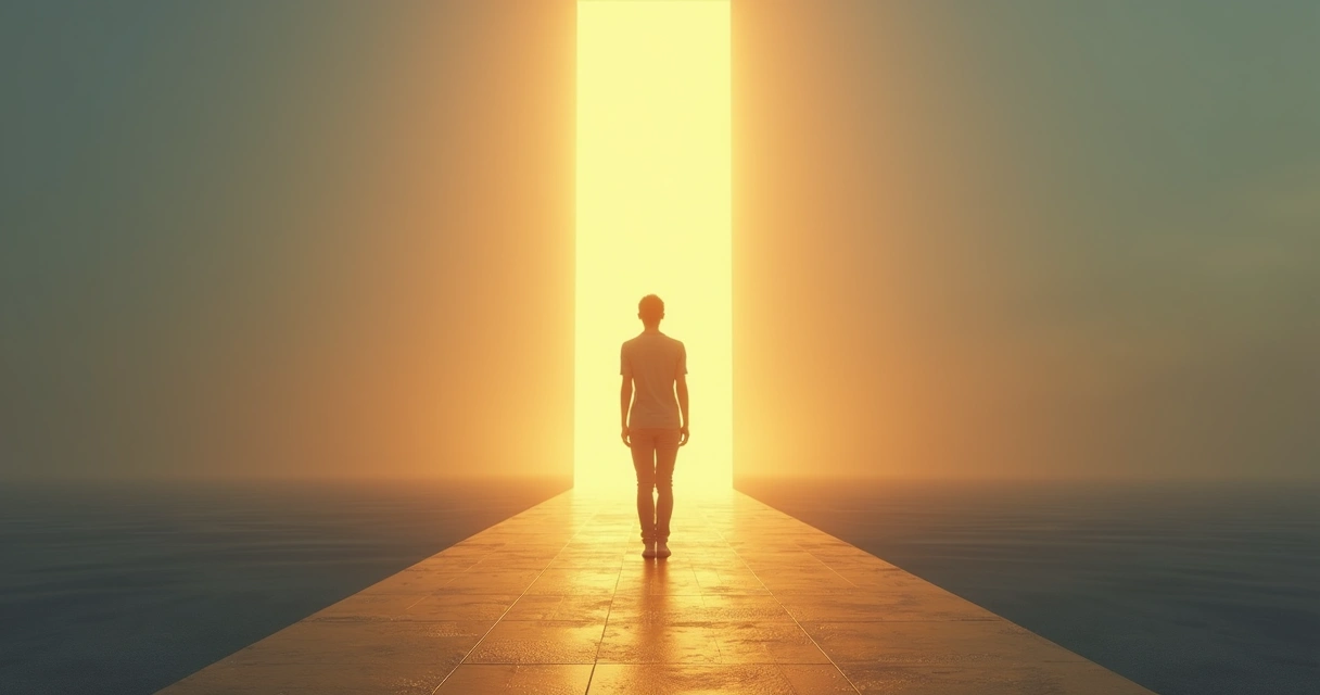 Person standing on a path of light blocking their own way with a shadow version of themselves 