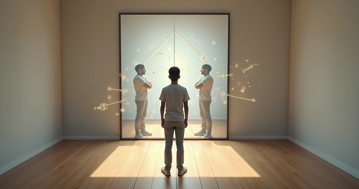 Person facing a mirror with overlapping shadows symbolizing unconscious self-sabotage 