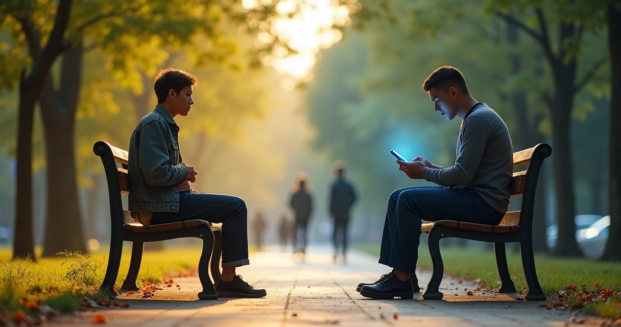 Person on park bench split between calm presence and digital distraction 
