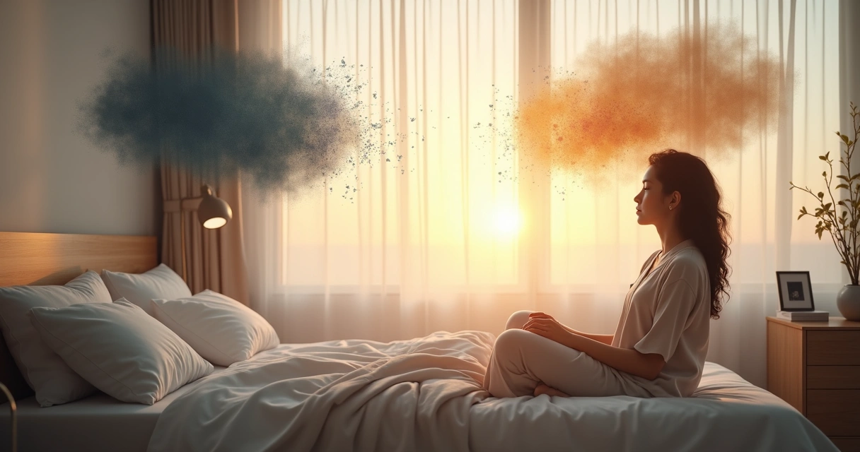 Woman sitting on bed with contrasting thought bubbles and different breathing patterns 