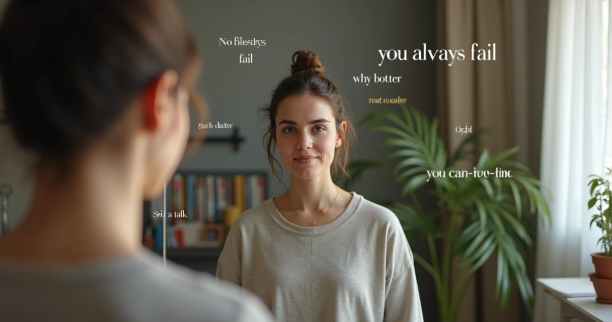 Person facing a mirror with contrasting inner dialogues around the reflection 