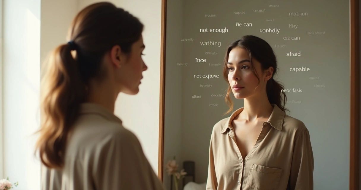 Woman facing her reflection with overlapping thought words around both heads 