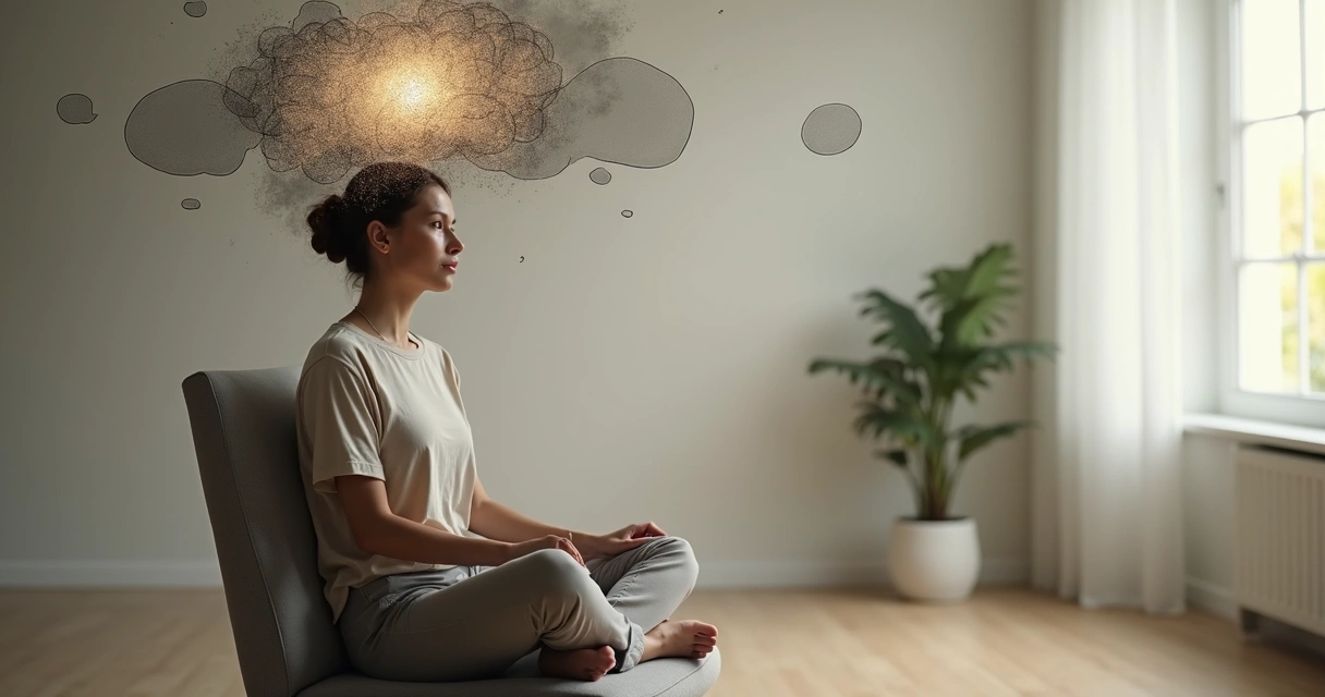 Person observing tangled thought clouds in a calm meditative posture 