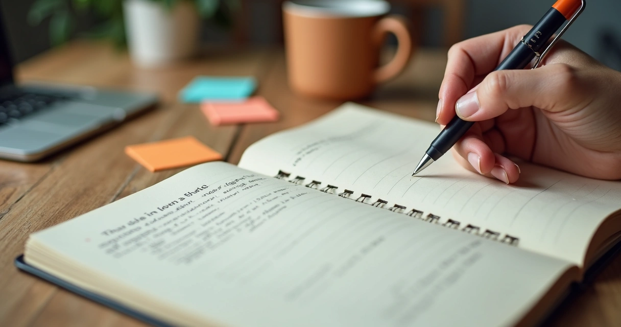 Notebook with handwritten self-reflection sentences