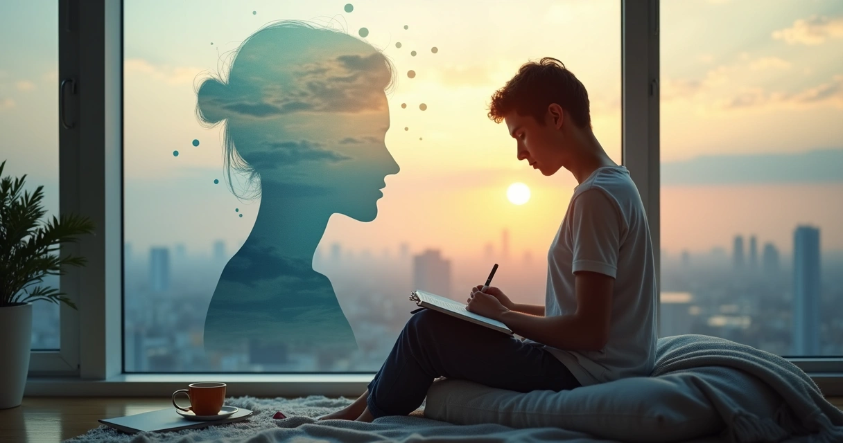 Person sitting by window journaling with calm abstract mind reflection overlay 