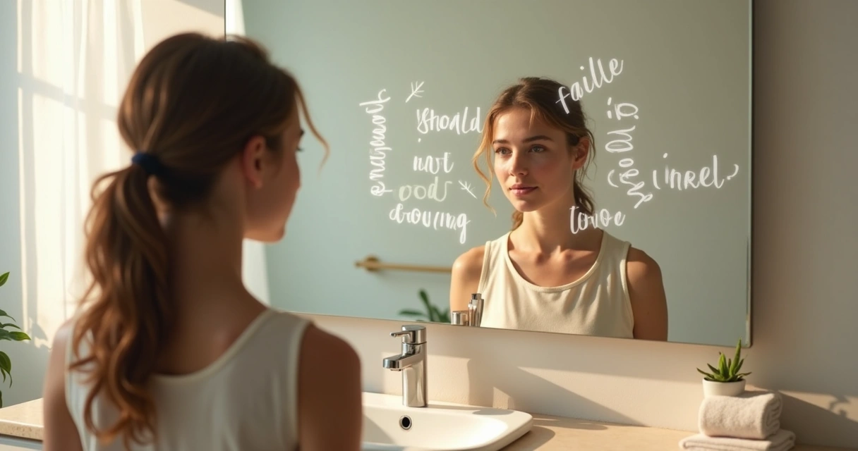 Person reading contrasting kind and harsh words in their mirror reflection 