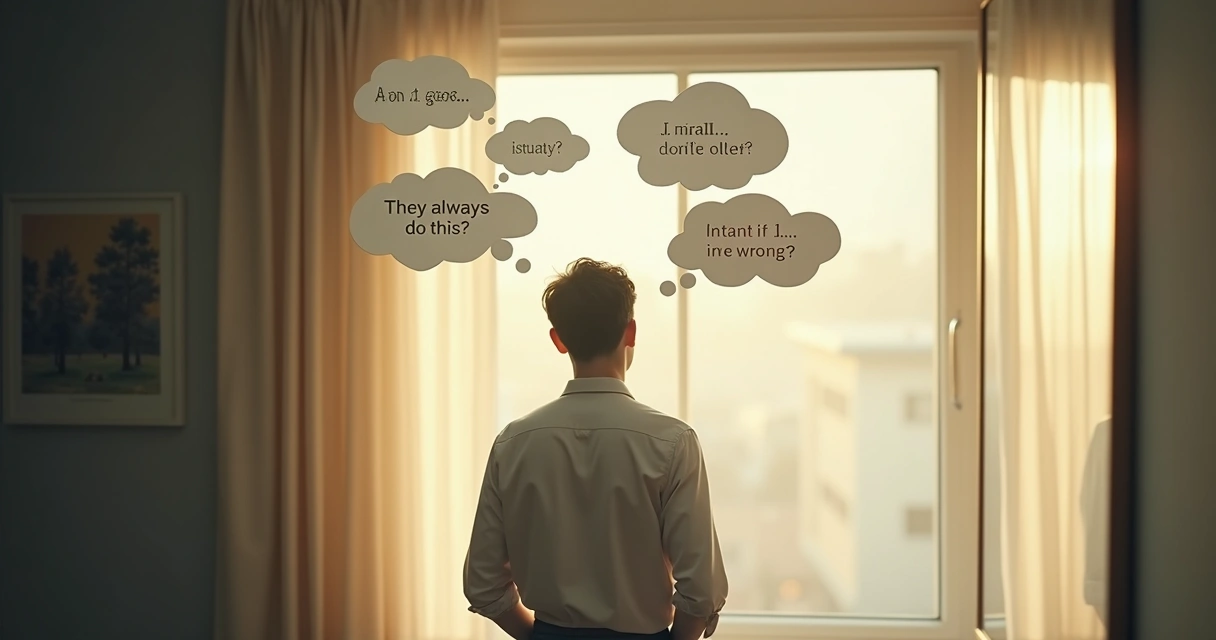 Person looking at their own reflection in a mirror, thought bubbles above their head. 