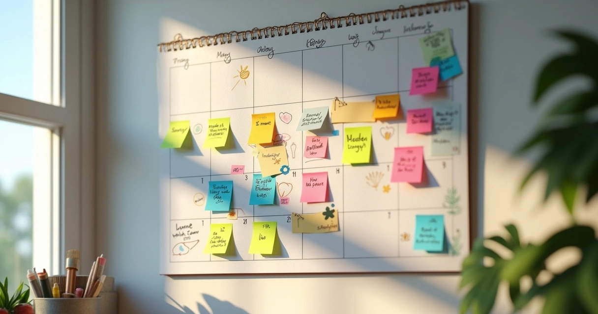 Wall calendar with personal notes tracking habits and emotions 