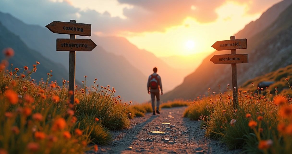 A person on a mountain path with signs labeled coaching and mentoring, sunrise in the background.