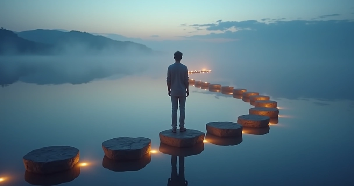 Person crossing a glowing stone path over water symbolizing growing self-trust 