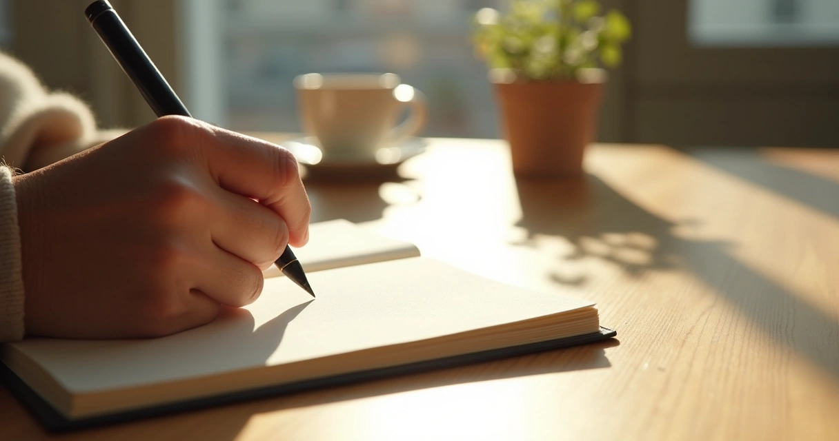 Hand writing in a journal at a bright wooden table