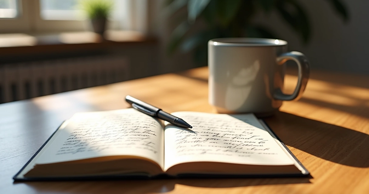 Open journal with handwritten notes and a coffee mug on wooden table