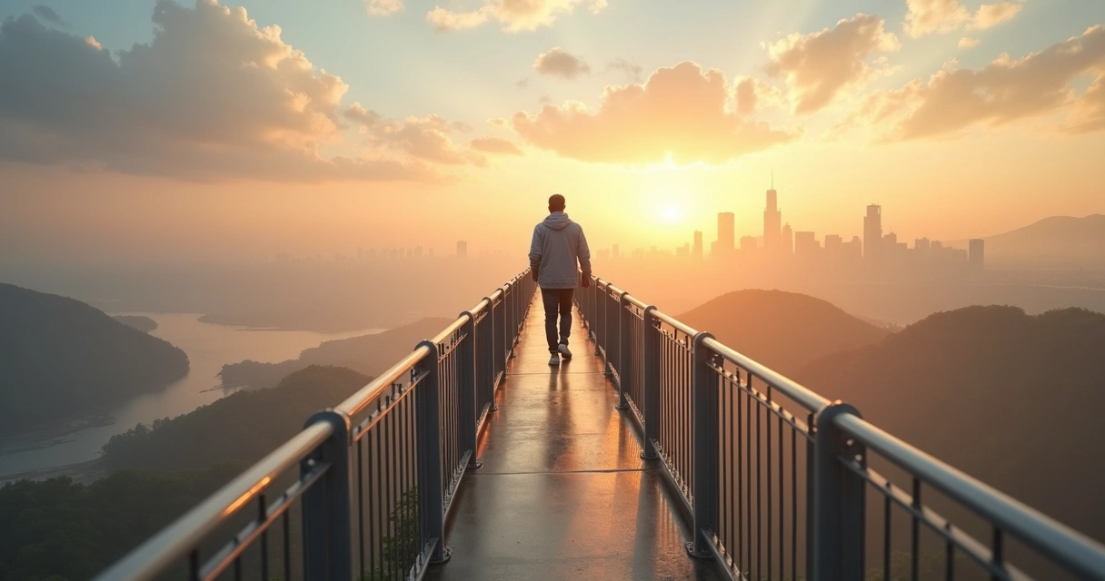 Person crossing a slender pedestrian bridge high above a valley at sunrise 