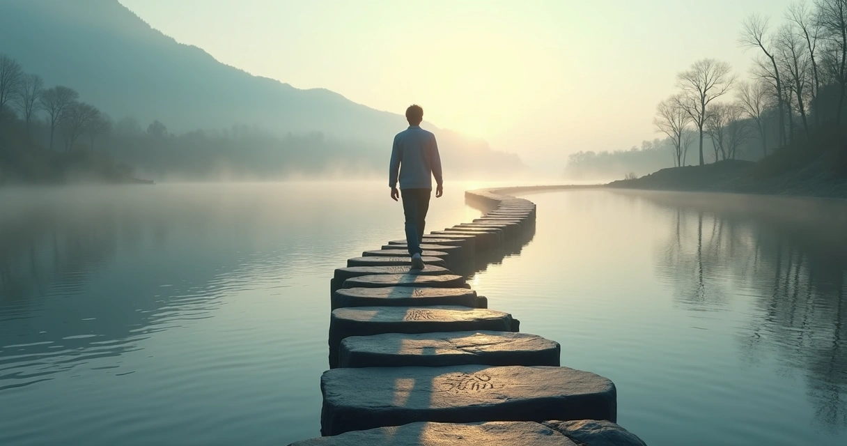 Person walking along a path made of stacked stones forming a continuous bridge 
