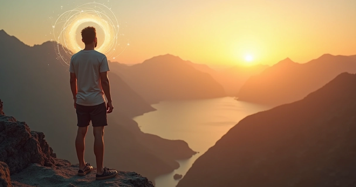 Person standing on a mountain at sunrise with luminous geometric shapes around the head symbolizing consciousness and self-worth 